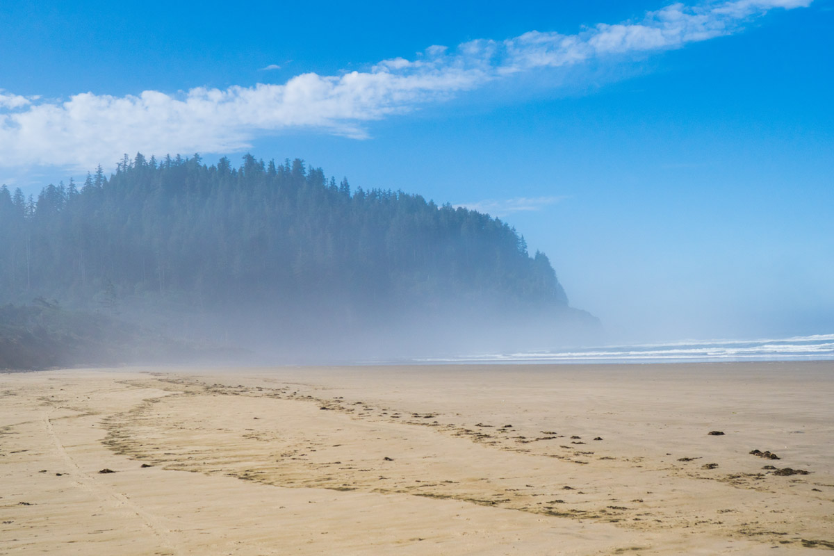 An empty beach during a sunny afternoon. In the background is a tree covered hill and a little fog in front of it.